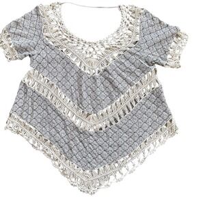 Umgee Hippie Boho Daisy Jones Beige & Ivory Open Weave Lace Crochet Fringed Top